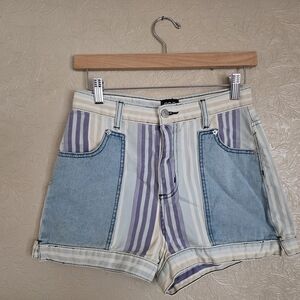 BDG Lavender & Cream Striped Patchwork Jean Shorts
